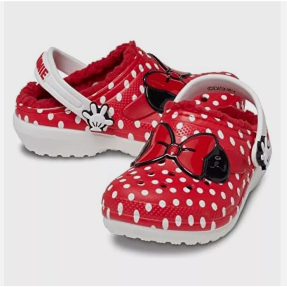 CROCS Disney Minnie Mouse Big Girls Fur Lined Red Bow White Polka Dot Clog Sz j5
